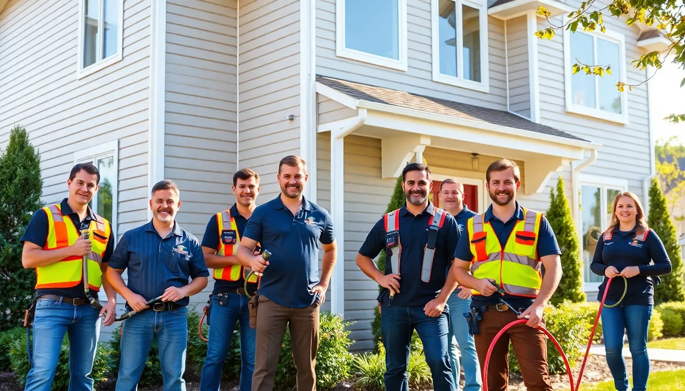 maintenance team cleaning downspouts at a modern home.