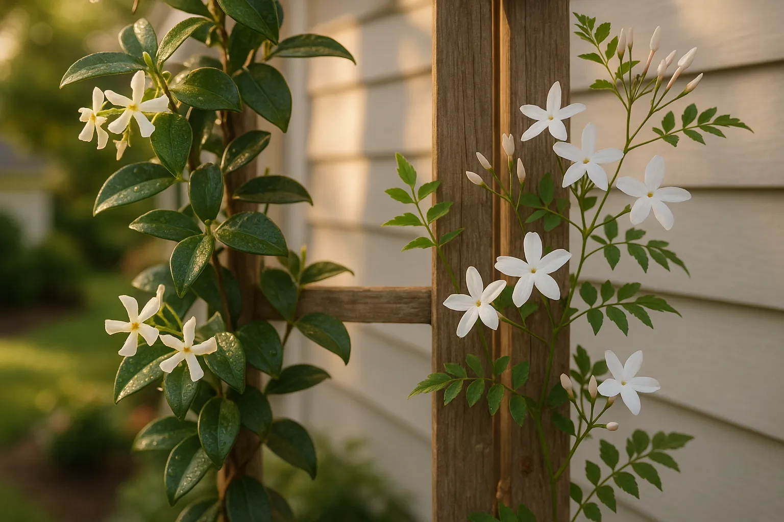 Side-by-side Trachelospermum and common jasmine vines on a wooden trellis.