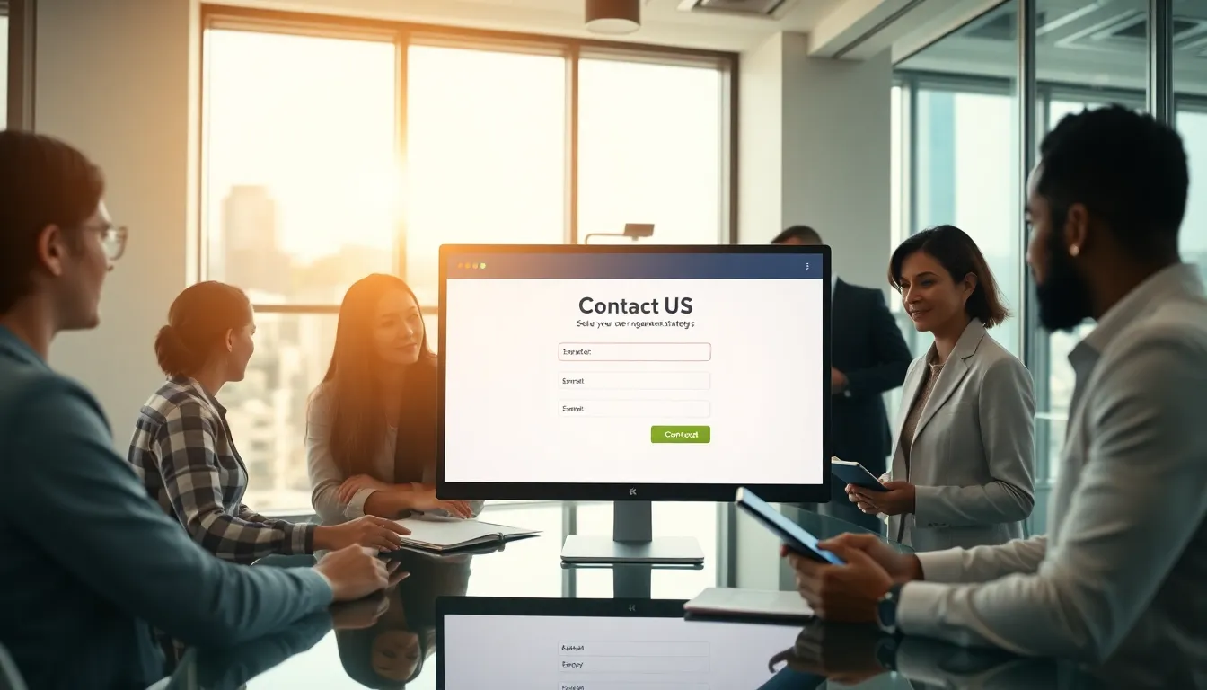 diverse team discussing a contact us form in a modern office.
