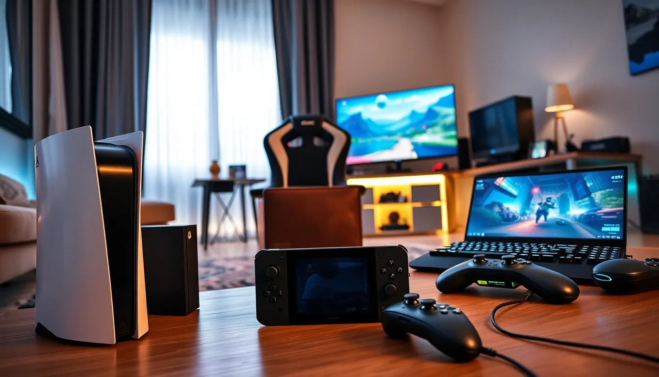 a modern gaming setup with consoles and accessories in a stylish room.