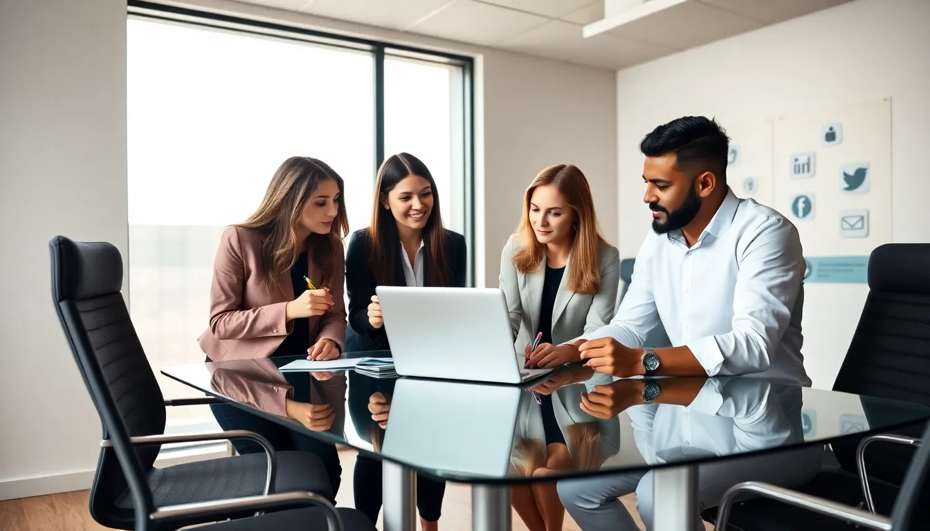diverse team discussing social media monetization strategies in a modern office.