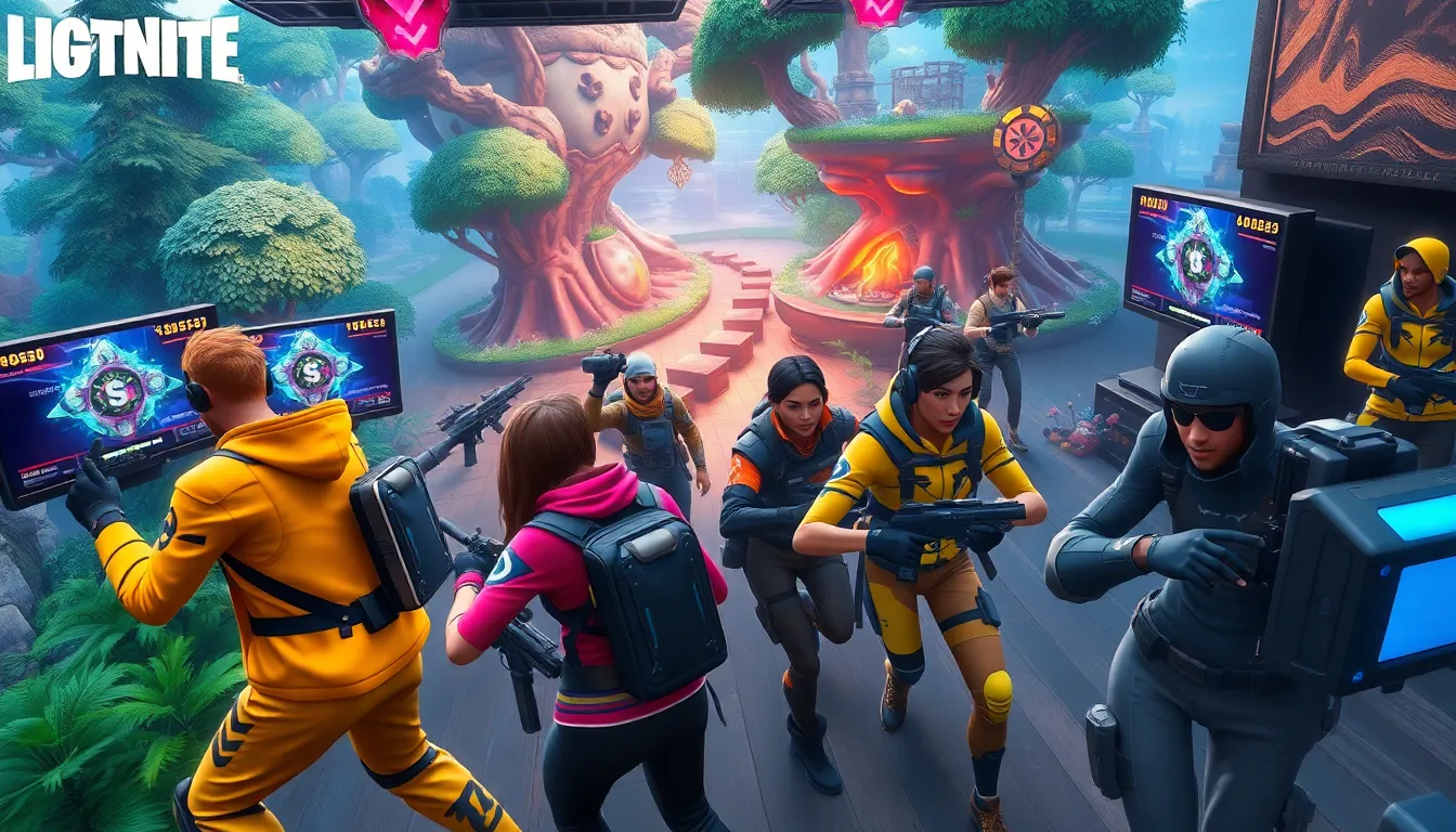 Diverse gamers playing Lightniteone in an intense battle royale setting.