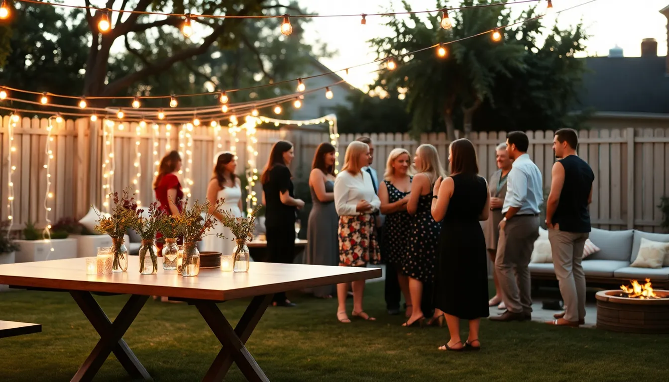 backyard wedding setup with simple decorations and guests enjoying the atmosphere.