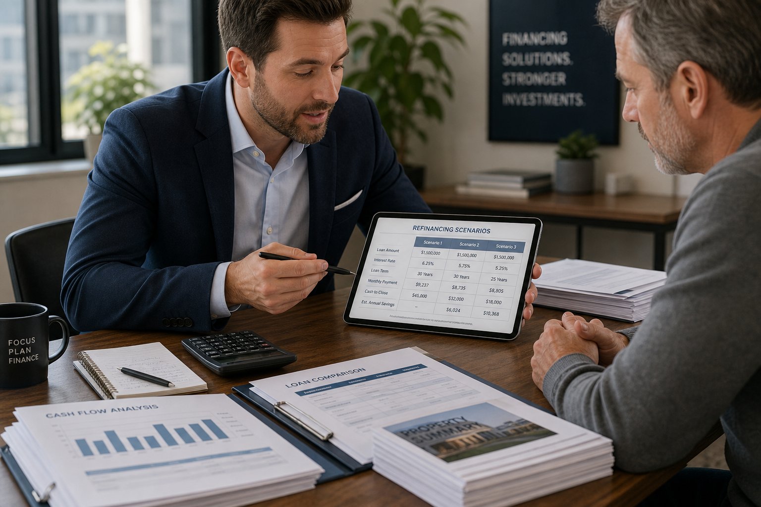 Broker reviewing commercial refinancing scenarios with a landlord at a shared office table.