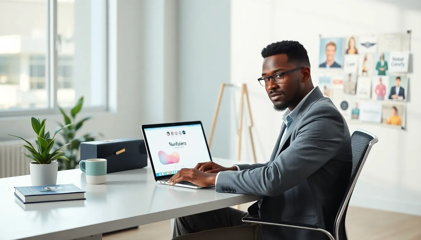 A professional creating an online identity in a modern workspace.