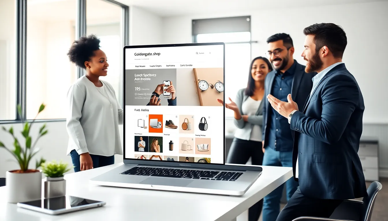 Professionals discussing the Goldengatemax.shop website in a modern office.