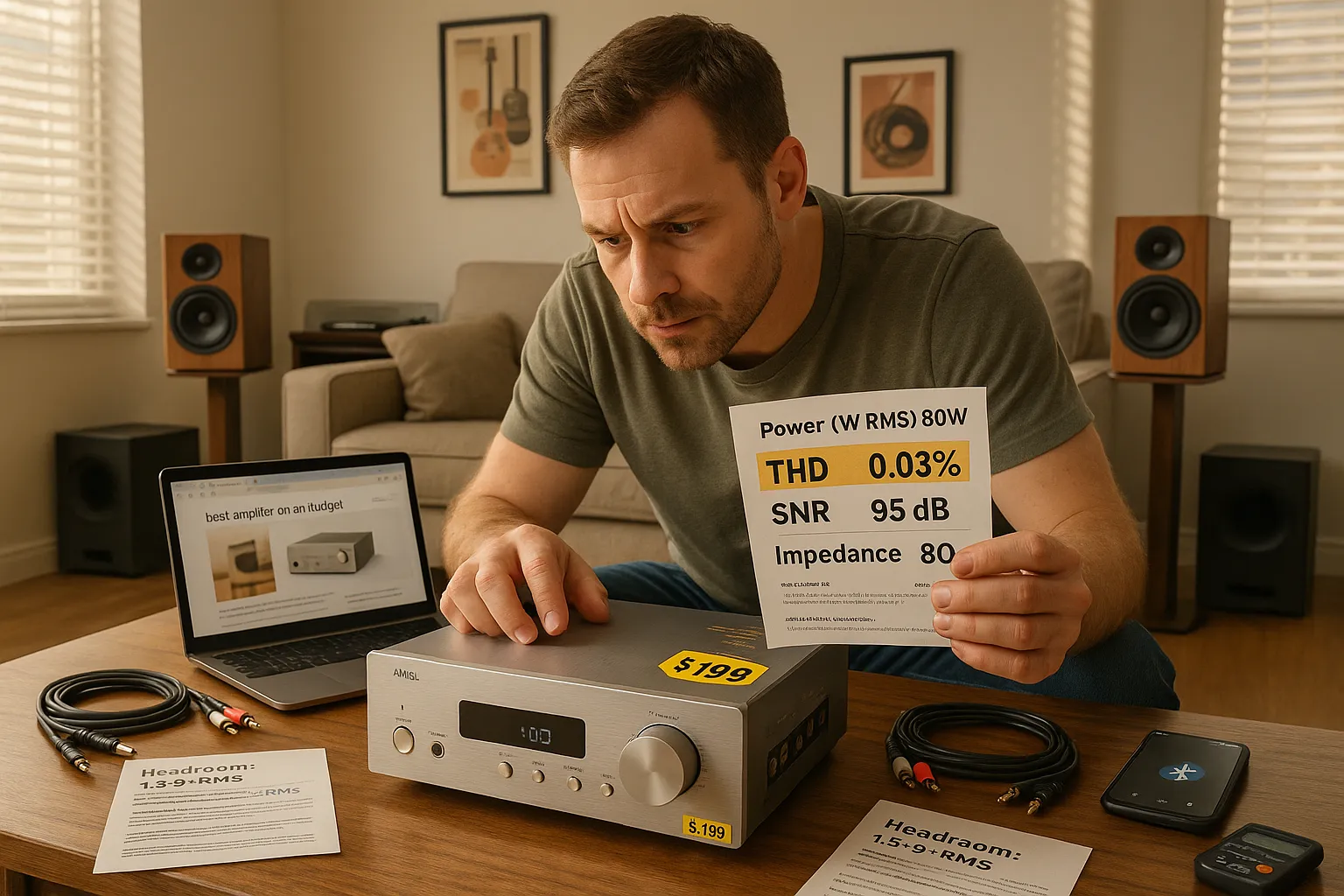 Man inspecting a compact integrated amplifier with spec sheet and speakers.