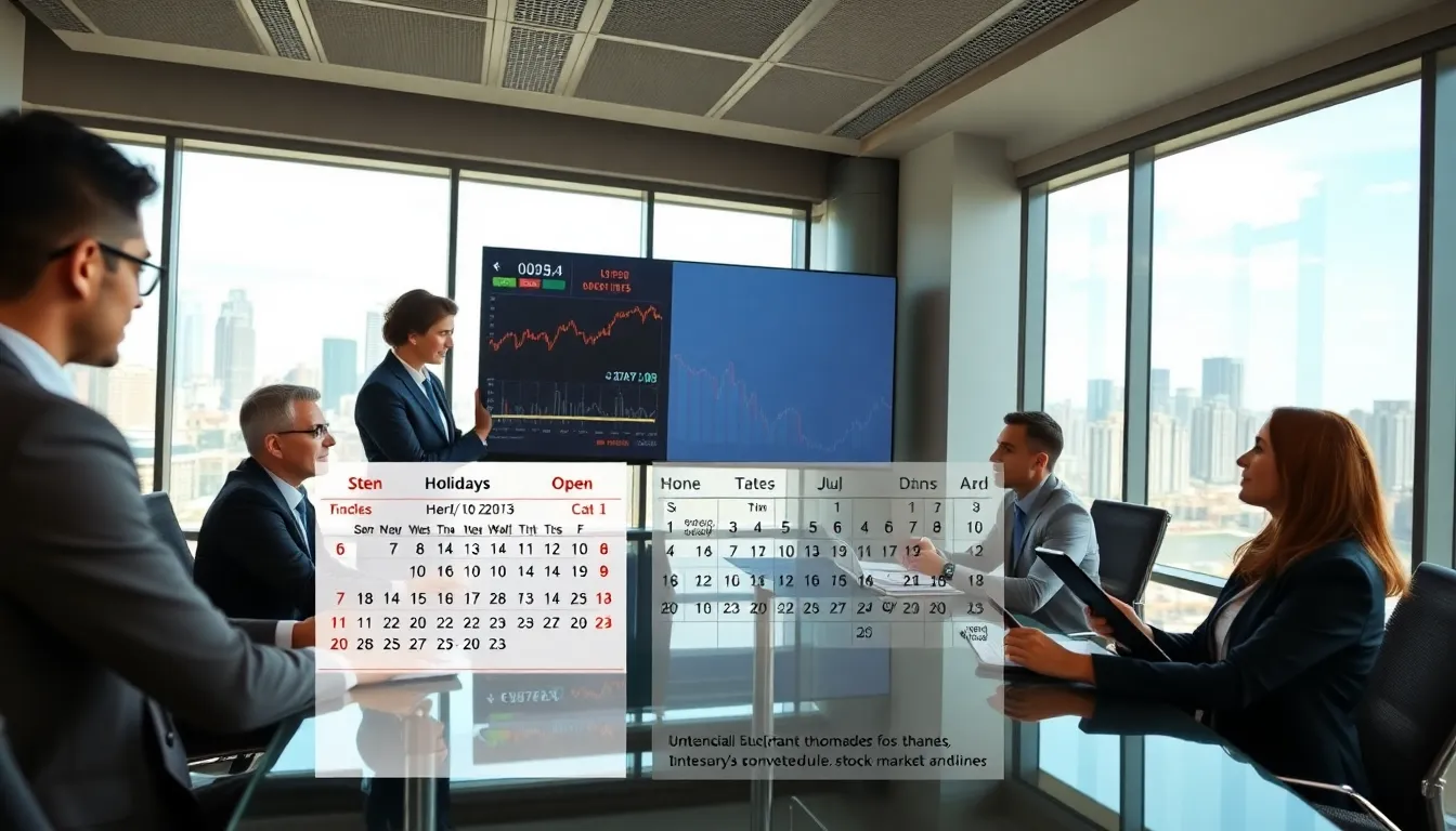 professionals discussing stock market data in a modern conference room.