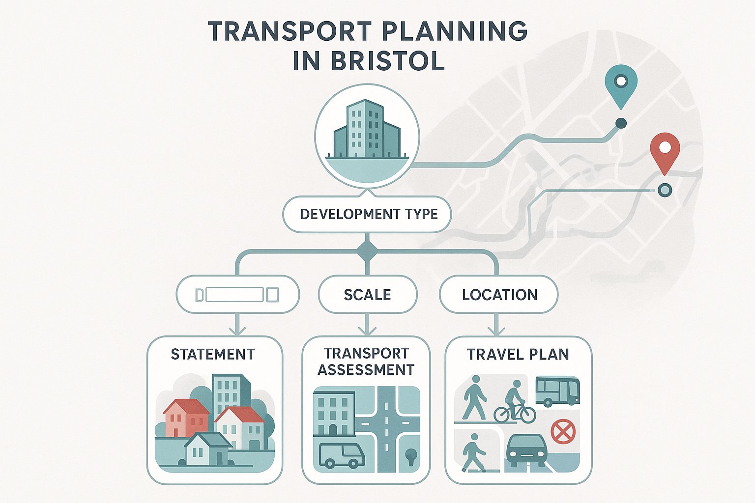 Decision tree showing Bristol transport statement, assessment, and travel plan requirements.