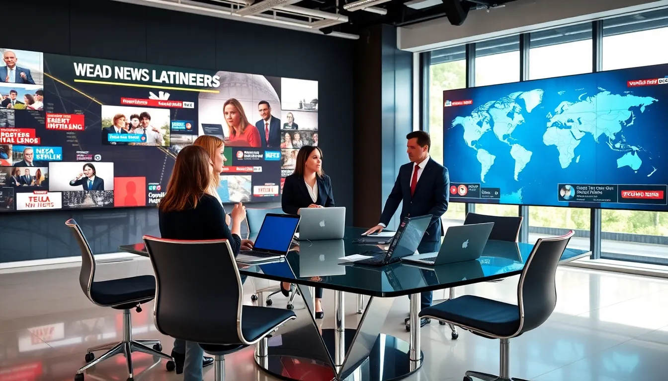 diverse team discussing world news in a modern newsroom.
