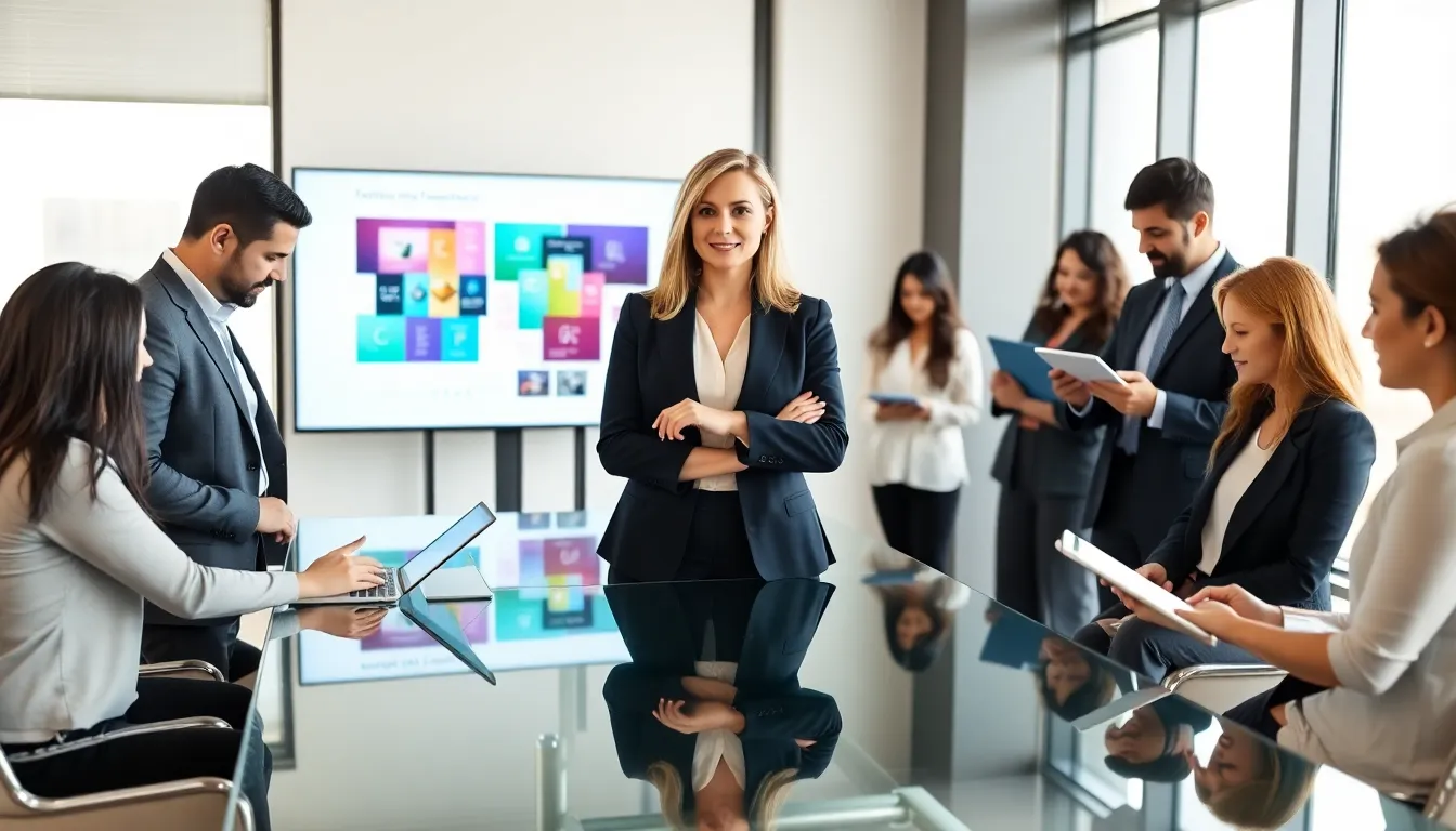 Stacy Klinger with a diverse team in a professional office setting.