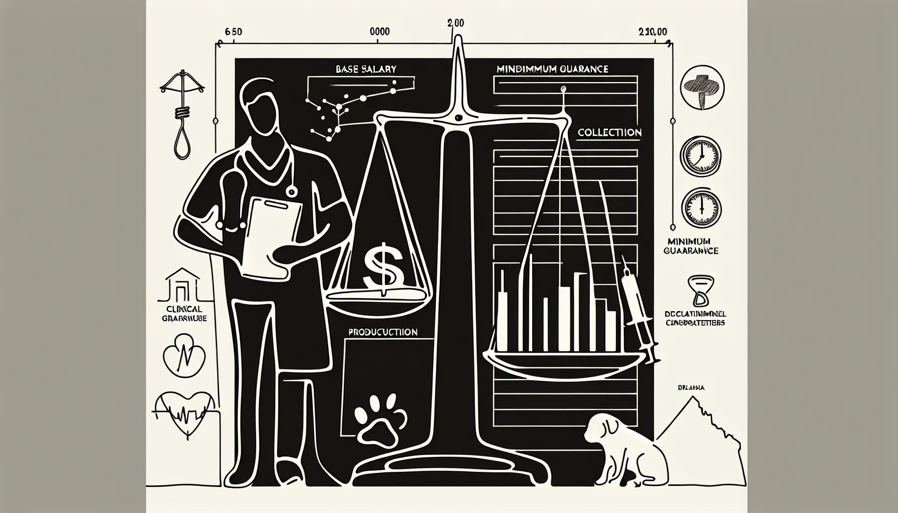 Veterinarian with balance scale, chart, and Maryland outline representing pay models.