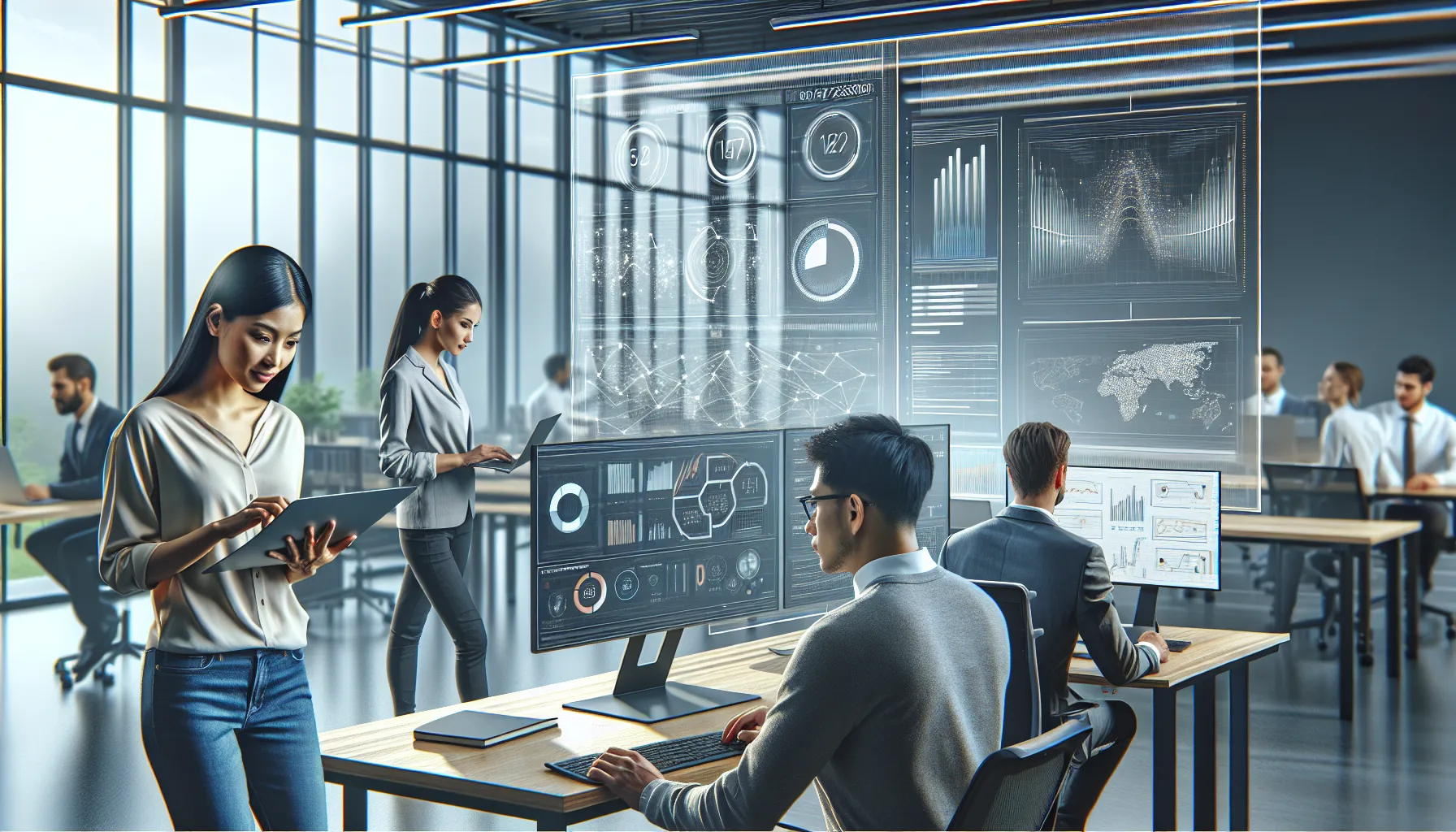 diverse team collaborating on data management in a modern office.