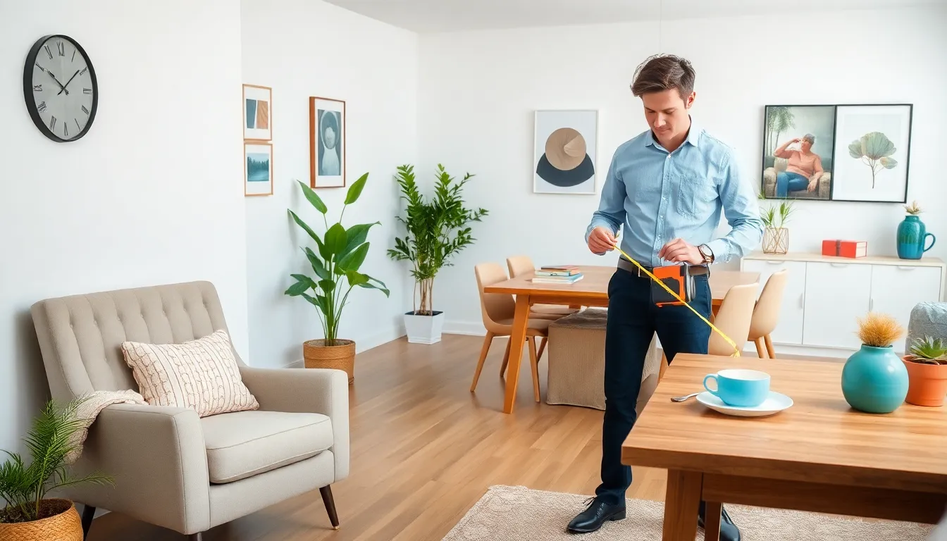 a professional measuring a cozy living space for budget decorating.