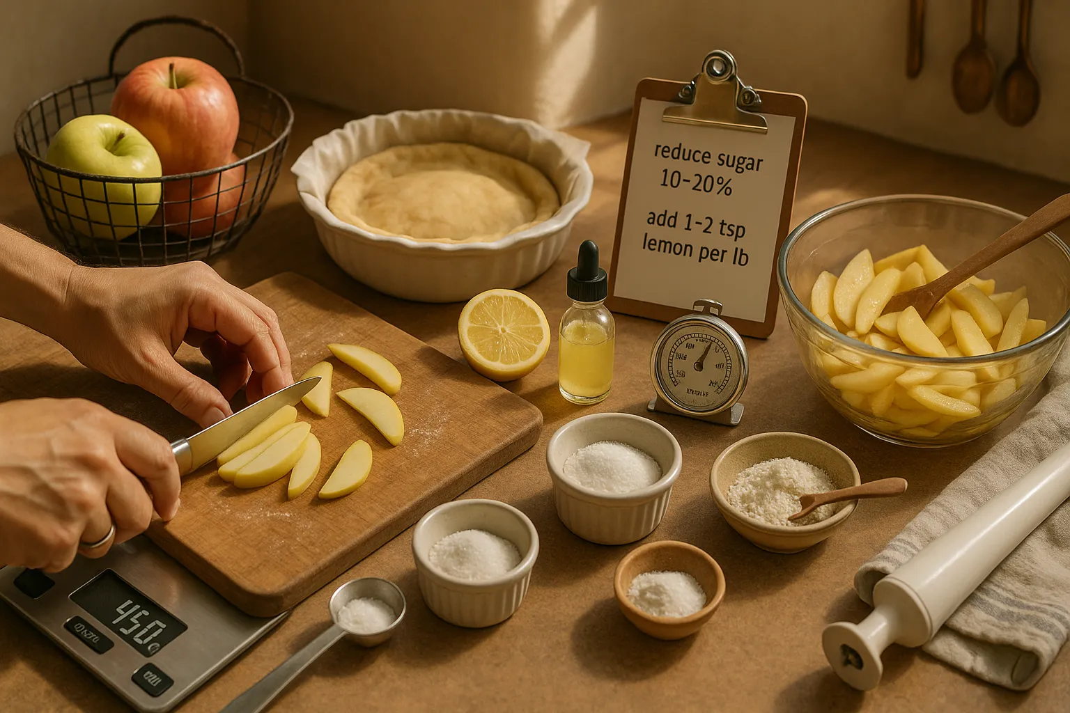 Hands slicing Golden Delicious apple beside measured sugar, lemon, and cornstarch.
