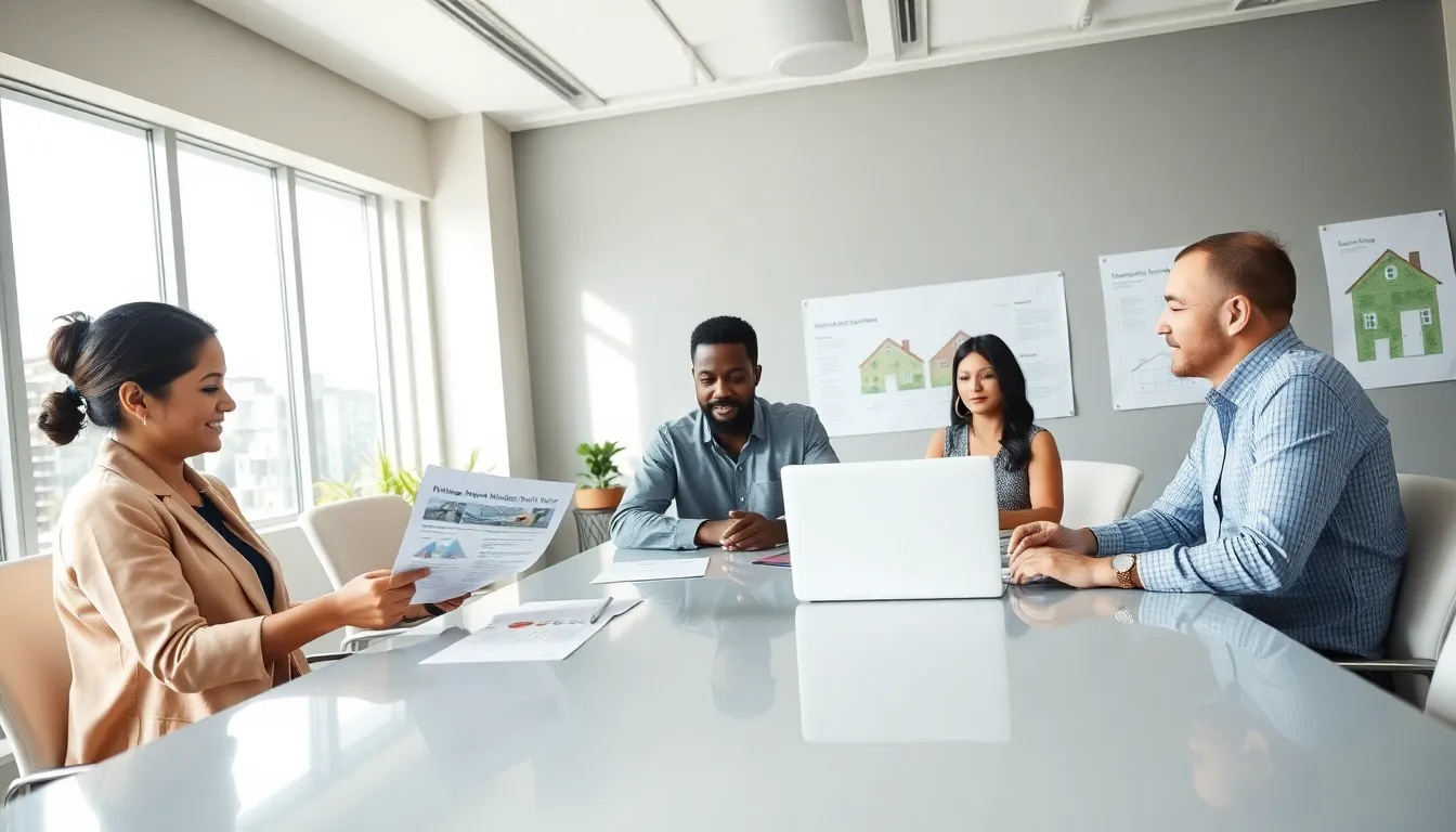 diverse professionals discussing community mortgage options in an office setting.