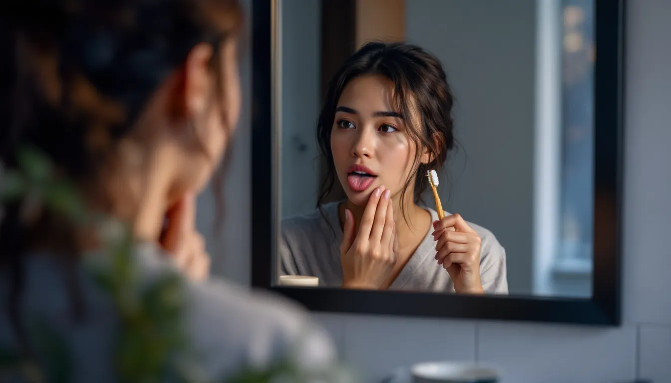Woman examining her tongue in a bathroom mirror during a quiet morning check-in.