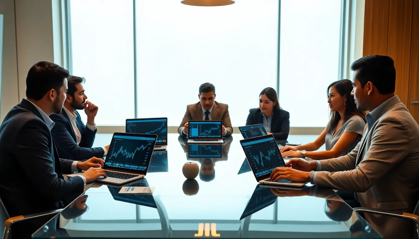 diverse financial team discussing Ripple and cryptocurrency in a modern office.