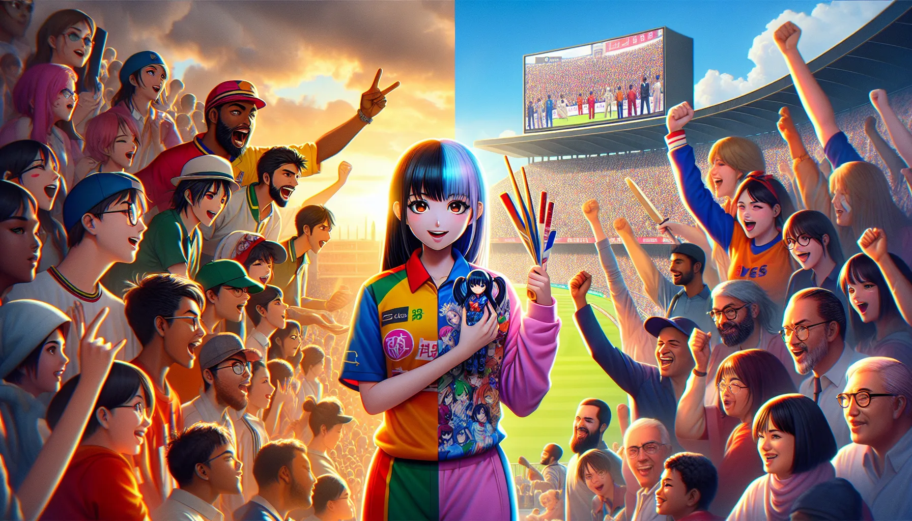 diverse fans celebrating anime and cricket in a split-scene of community engagement.