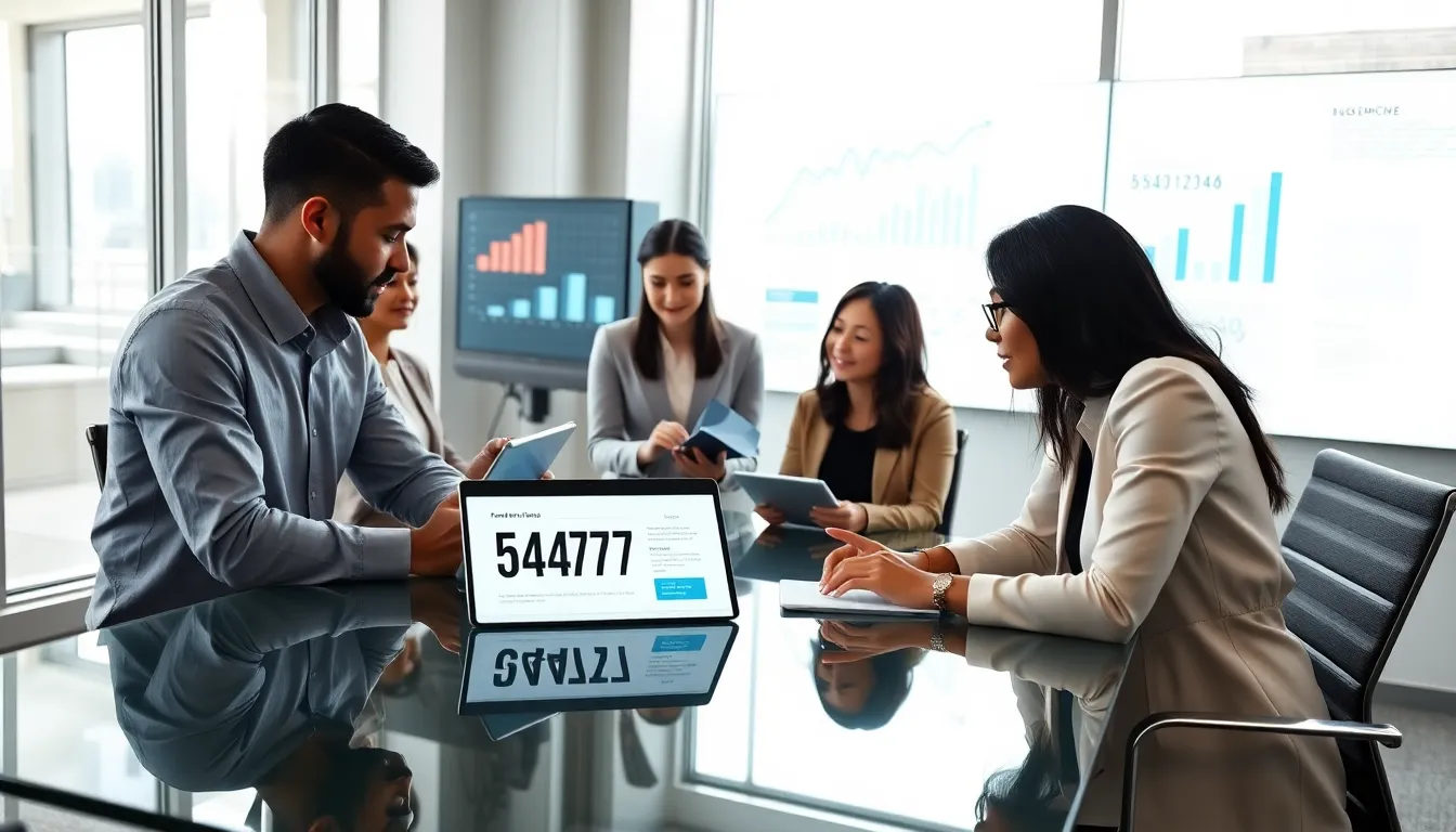 diverse professionals discussing data in a modern office.