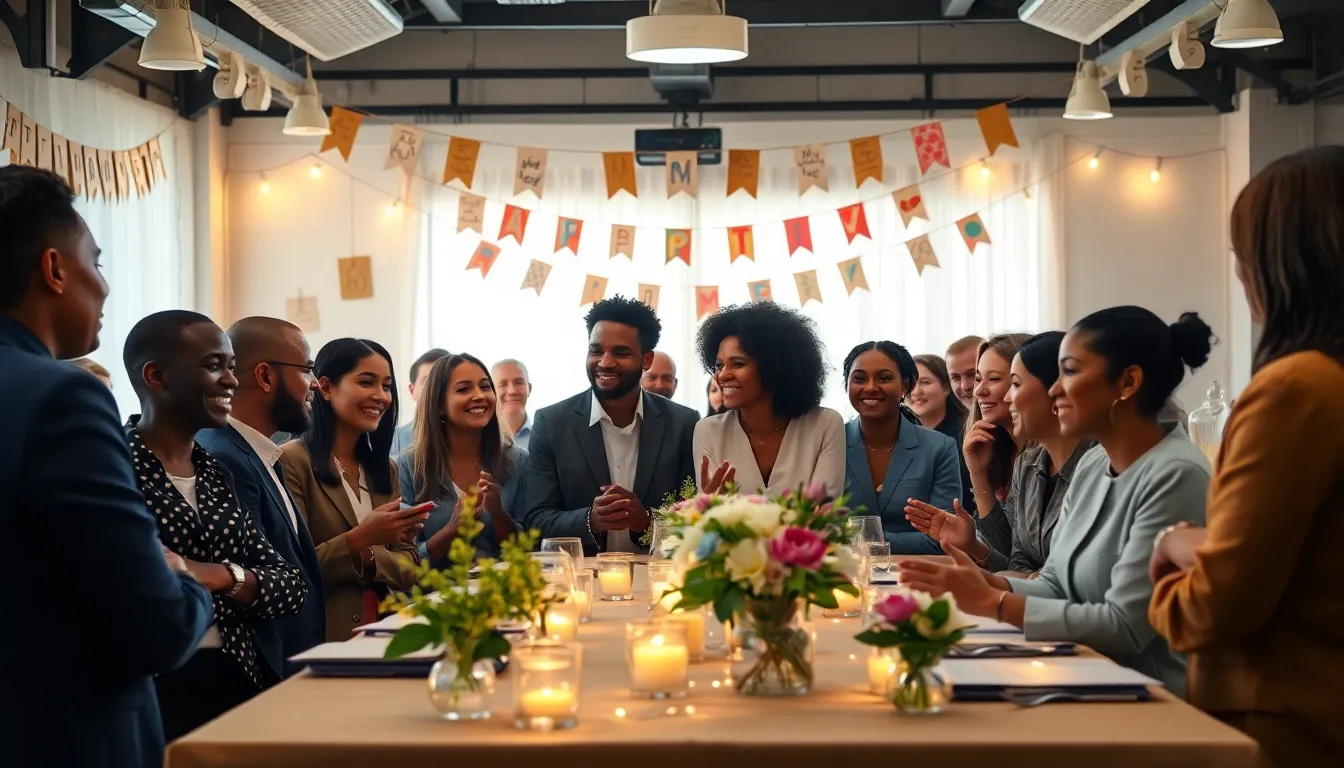 diverse group at a creatively decorated budget-friendly event.