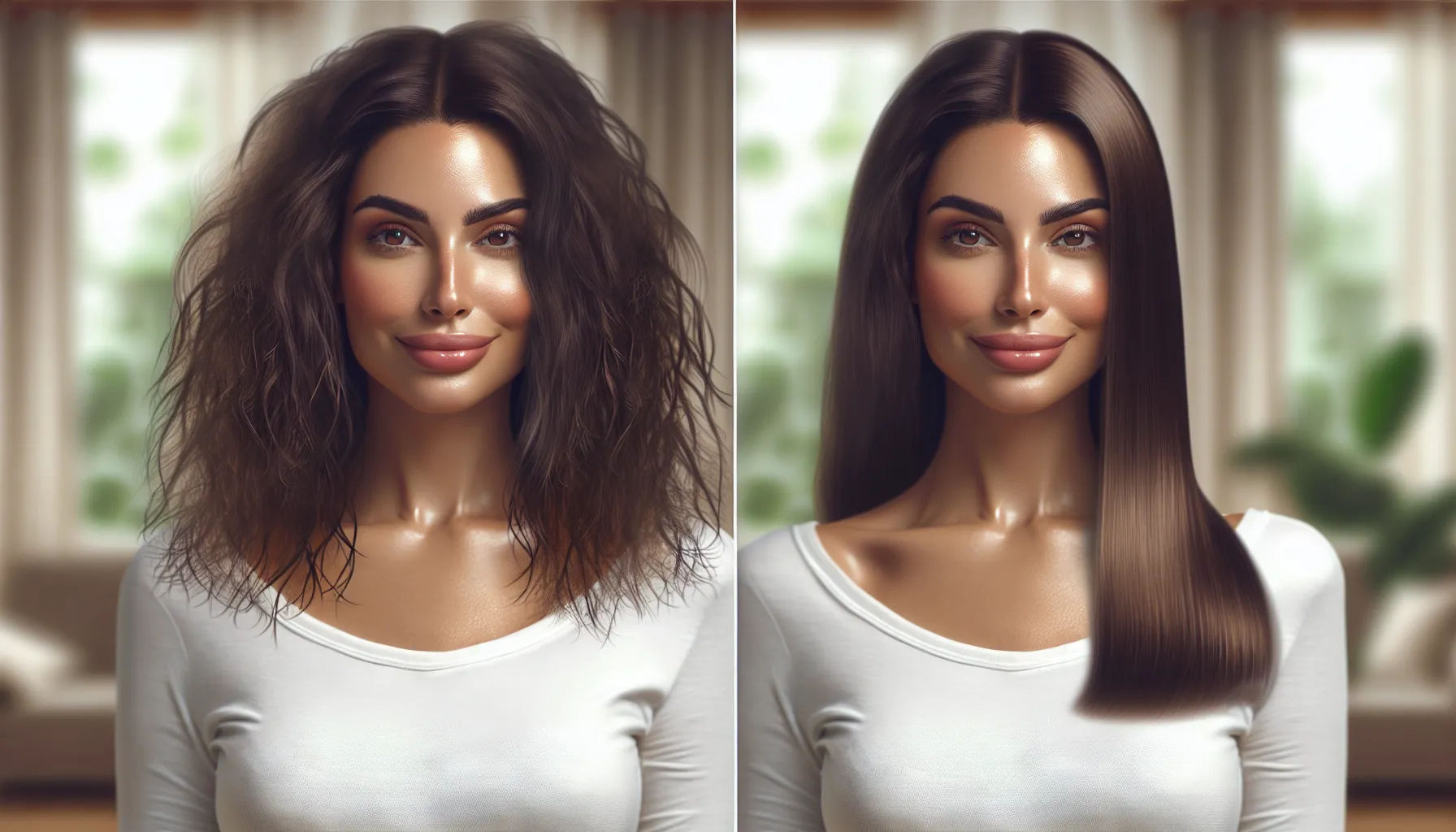 young woman showing before and after results of castor oil on hair