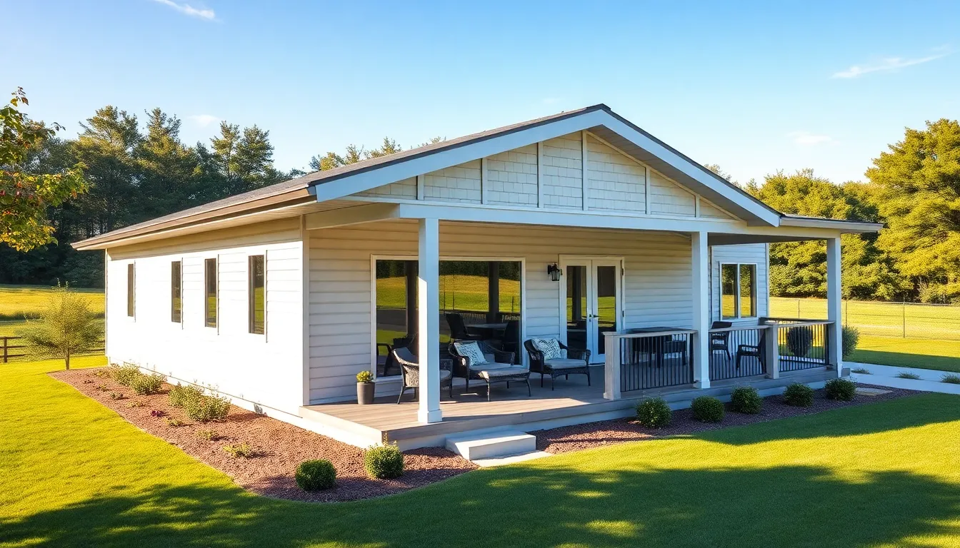 modern modular home with a wrap-around porch in a scenic setting.