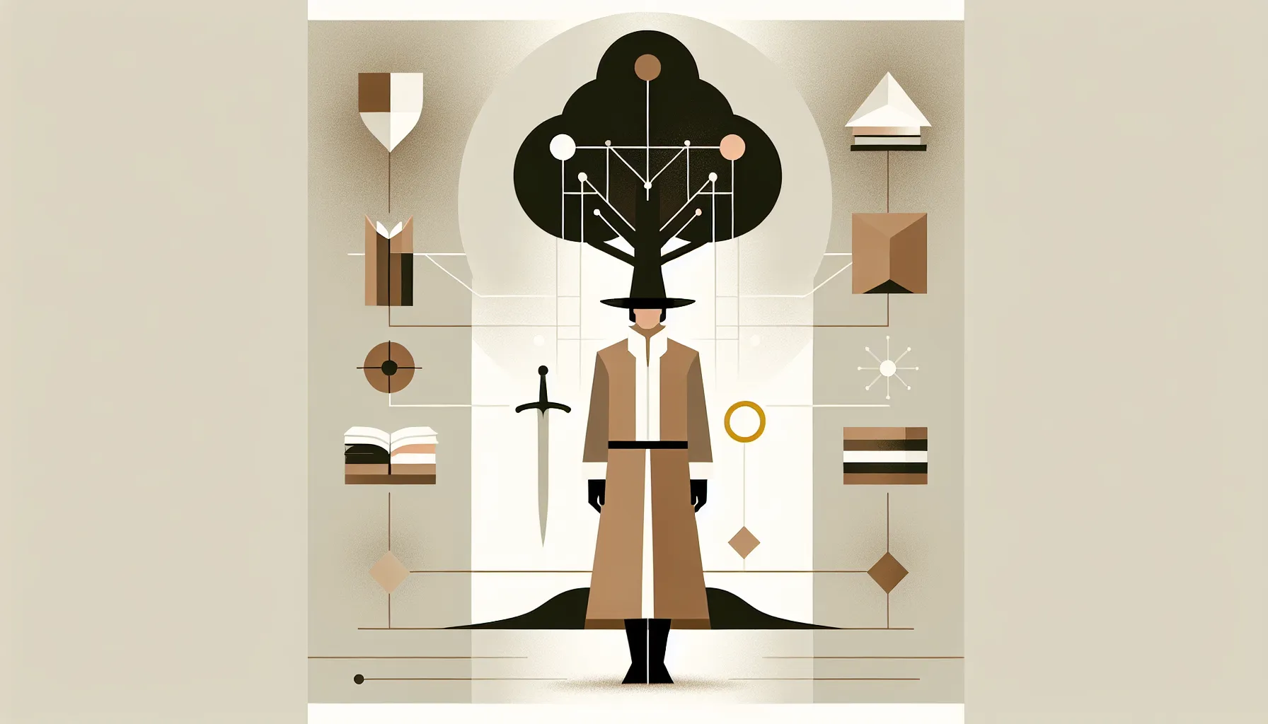 A noble figure contemplating under an oak tree with books and medieval symbols.