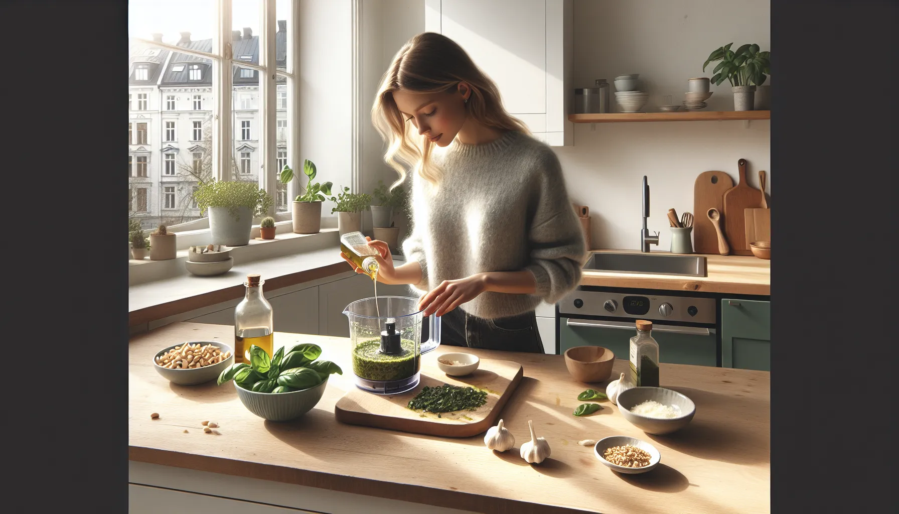 Woman making classic green pesto in a bright norwegian kitchen.