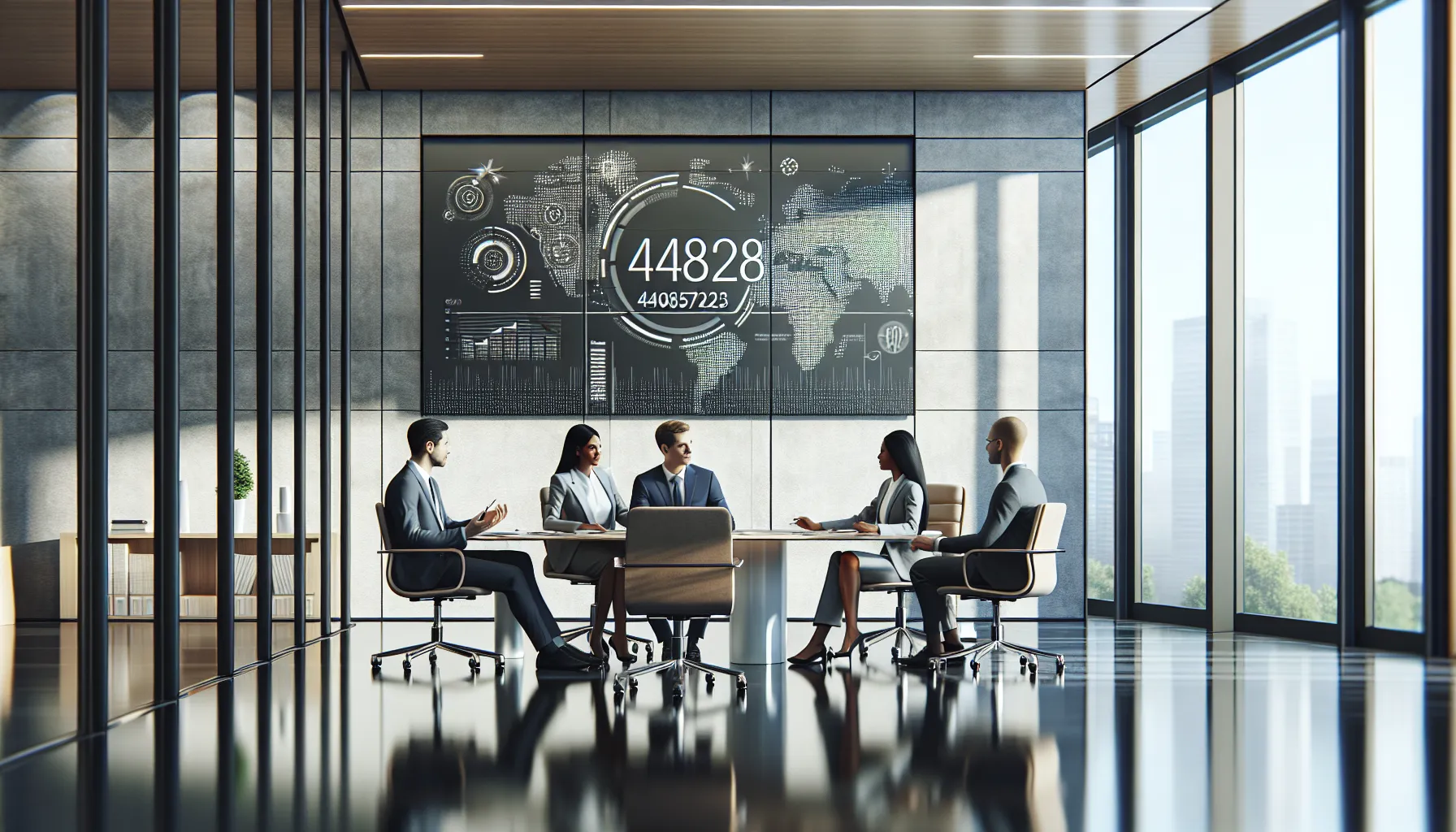 professionals discussing the interpretations of the number 4408567823 in a modern office.