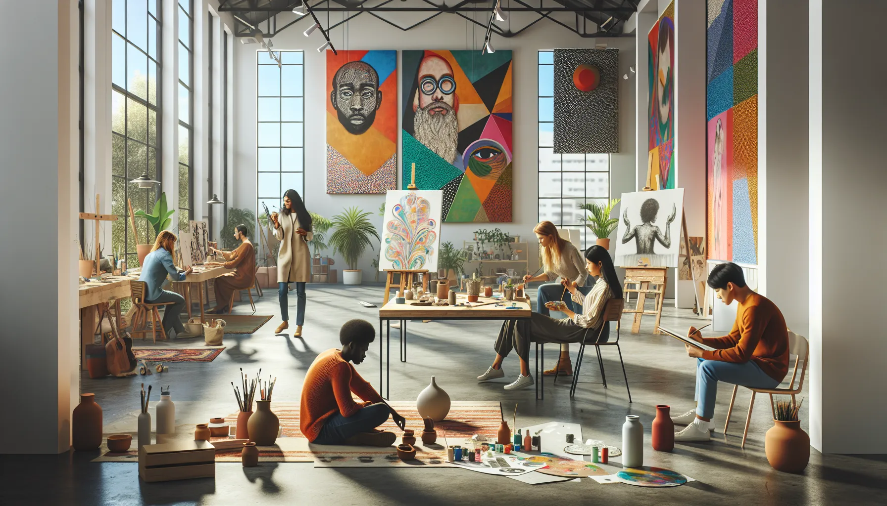 Diverse artists collaborating in a bright, modern art studio.