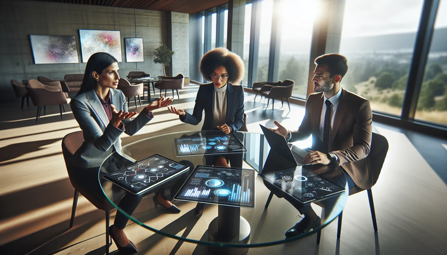 diverse professionals discussing future trends in linguistics.