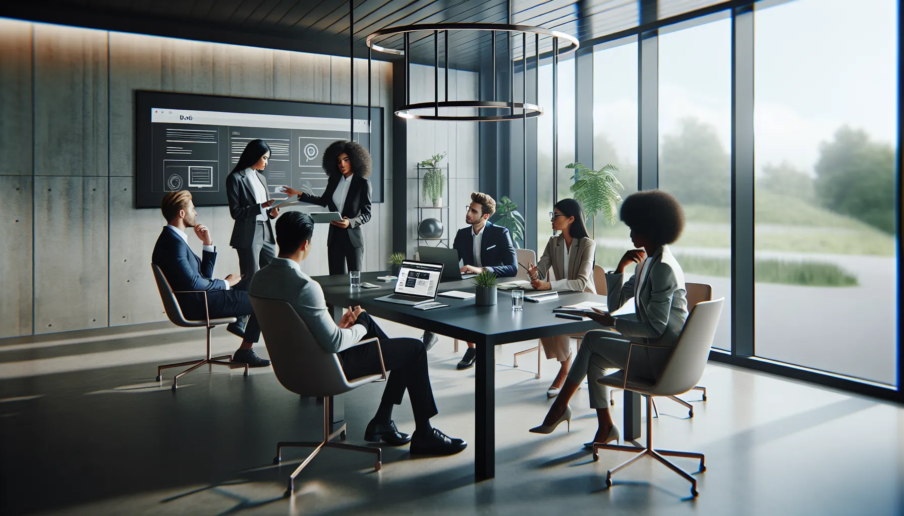 diverse professionals discussing content in a modern office.