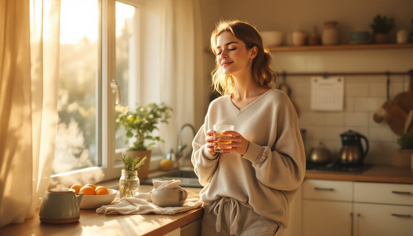 A woman mindfully sipping a glass of water in a sunlit kitchen at sunrise.