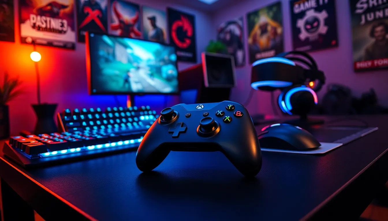 A high-performance game controller on a gaming desk with a keyboard and VR headset.