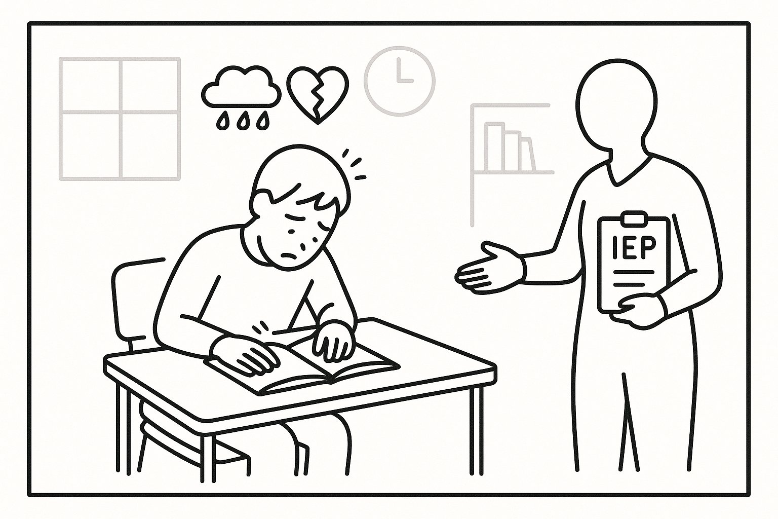 Line art of a student at a desk with icons showing emotional struggles and a supportive teacher. - What Is EMH In Special Education A Practical Guide For Parents And Educators 2026