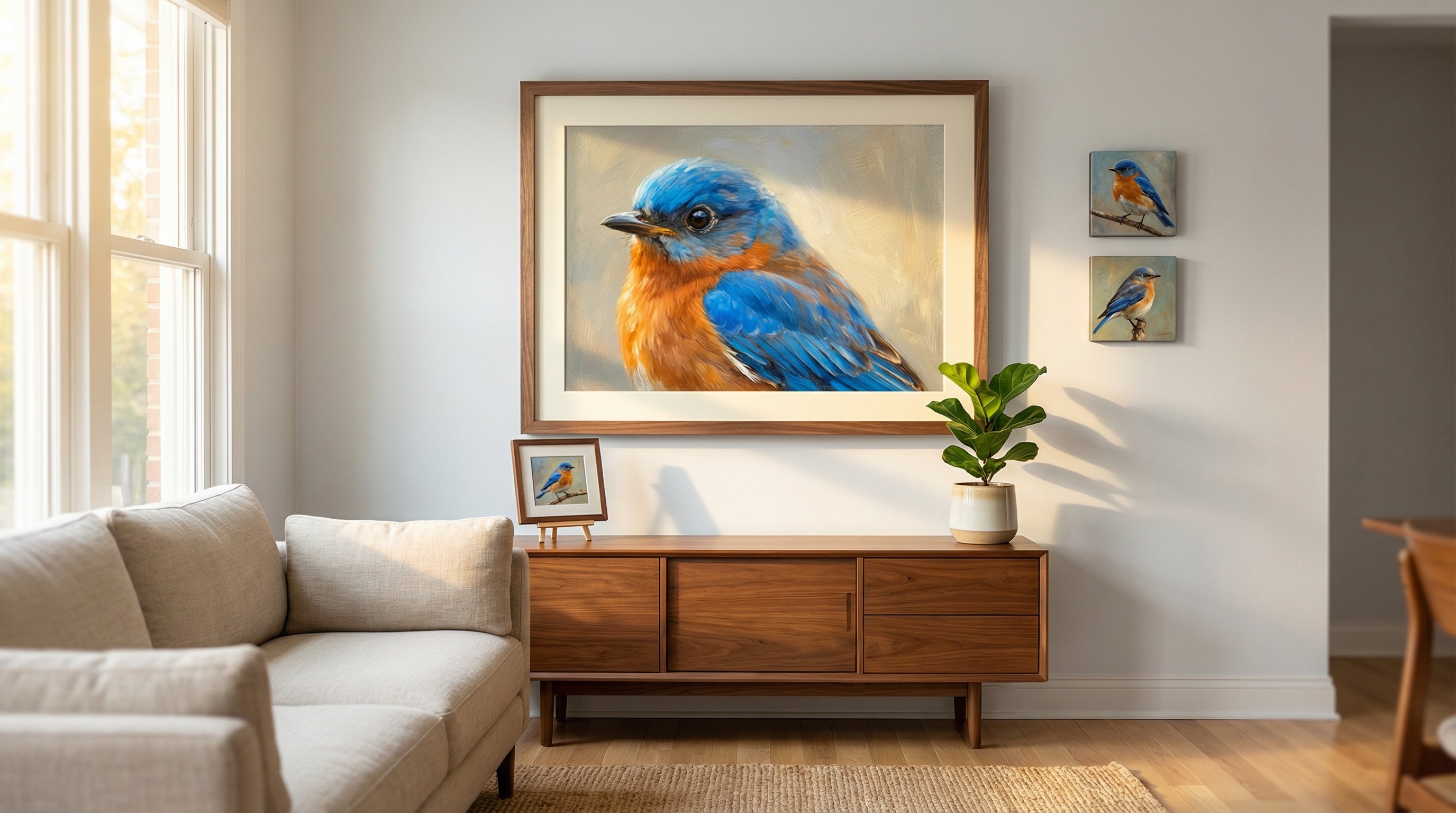 Framed bird canvas portrait displayed on a sunlit living room wall at home.