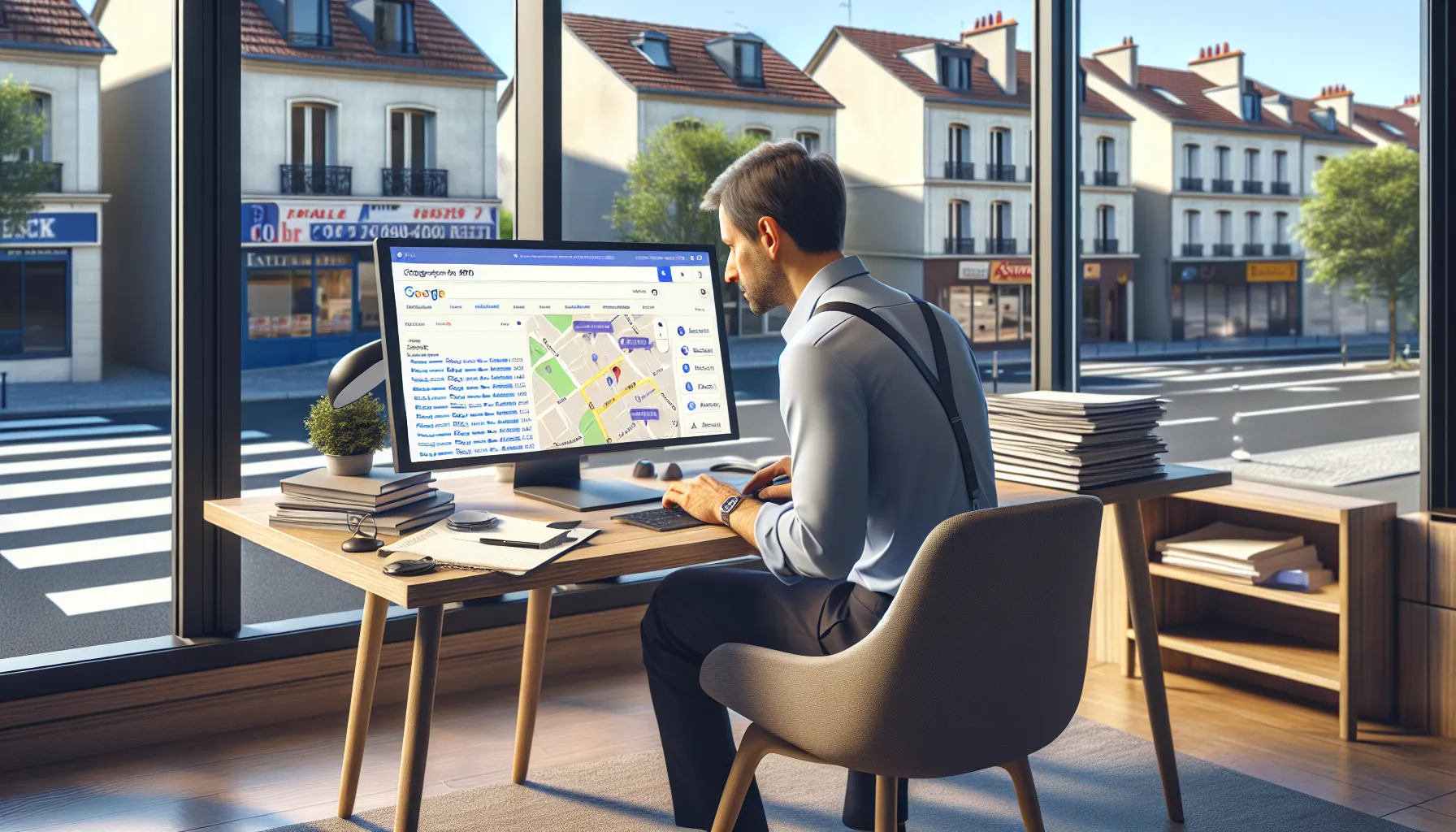 Local business owner in Champs-sur-Marne studying Google search results on laptop.