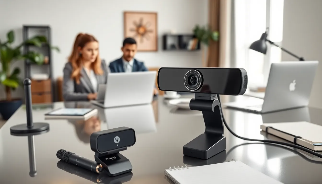 professionals using a Powers Hardware Webcam in a modern office.