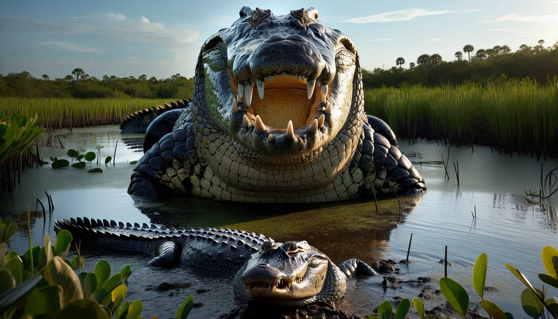 a powerful saltwater crocodile displaying its bite force near an American alligator.