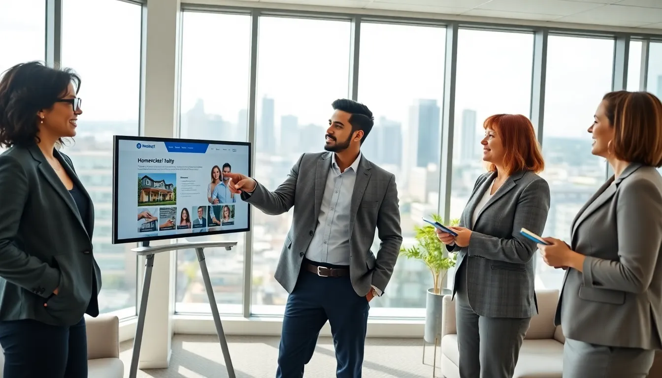 a diverse team collaborating in a modern office about real estate strategies.