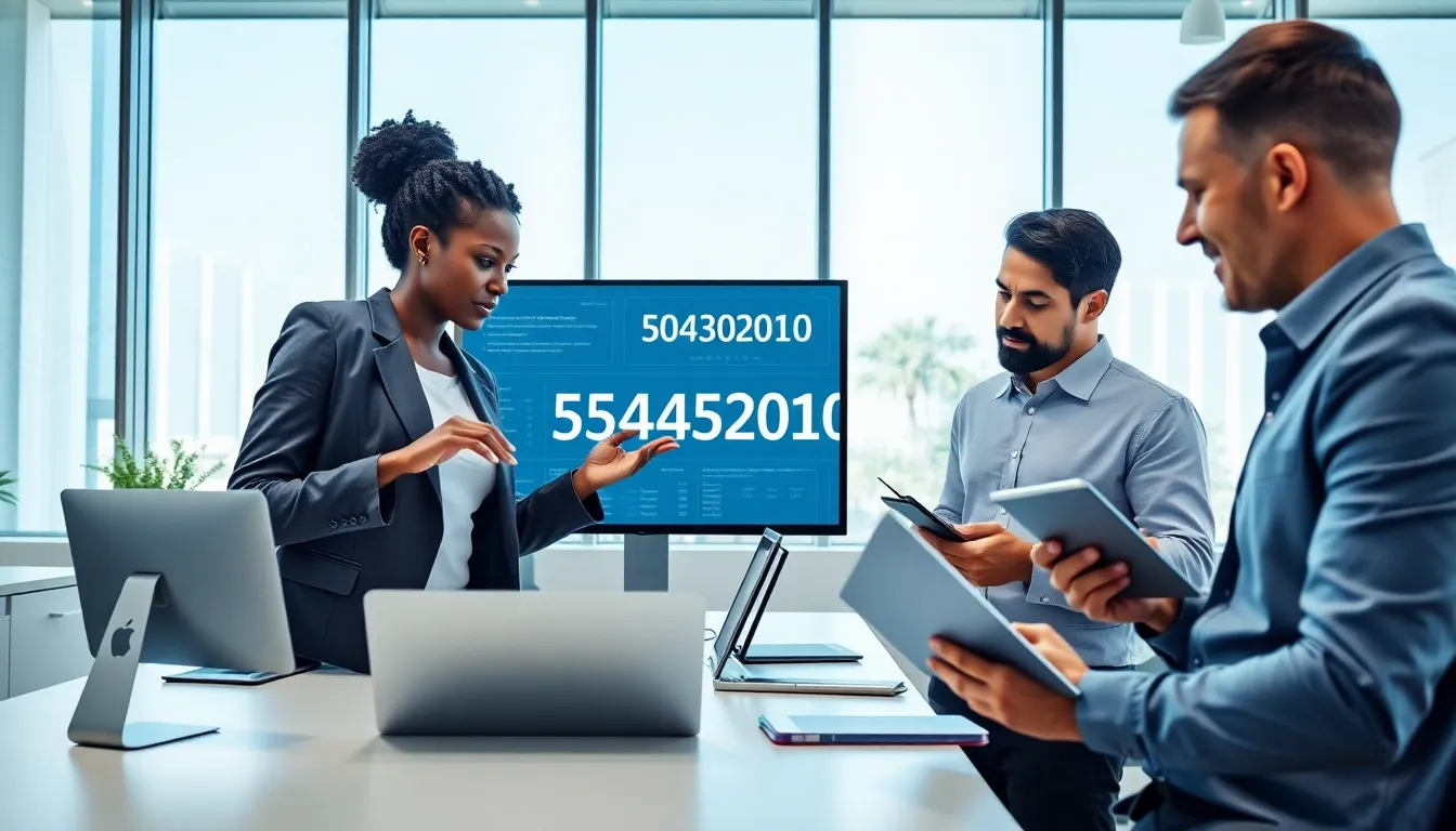 diverse team analyzing a digital dashboard with unique identifier 5043020150.