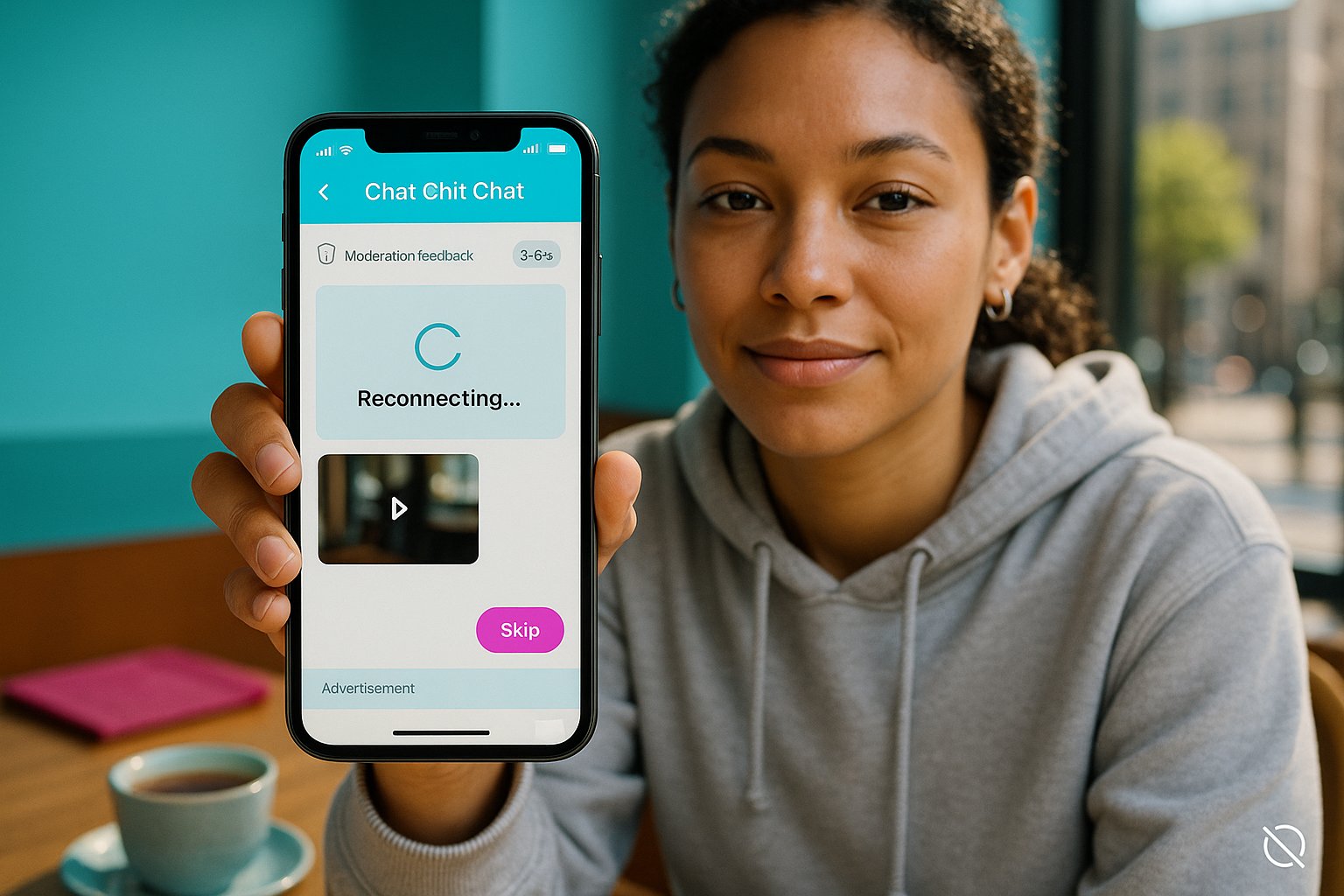Young woman holding phone showing Chat Chit Chat app with minimalist UI.