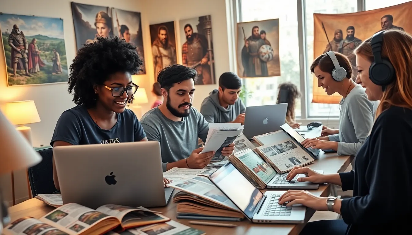 a group of young adults creating characters for Crusader Kings II in a bright workspace.