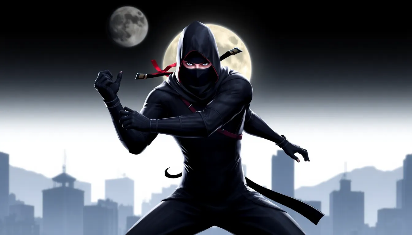 Raven from Tekken in a dynamic ninja pose against an urban backdrop.