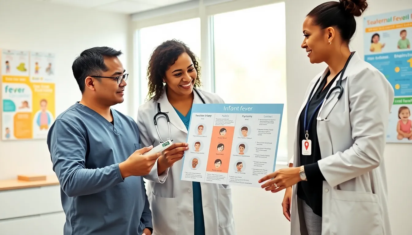 diverse healthcare professionals discussing infant fever in a pediatric office.