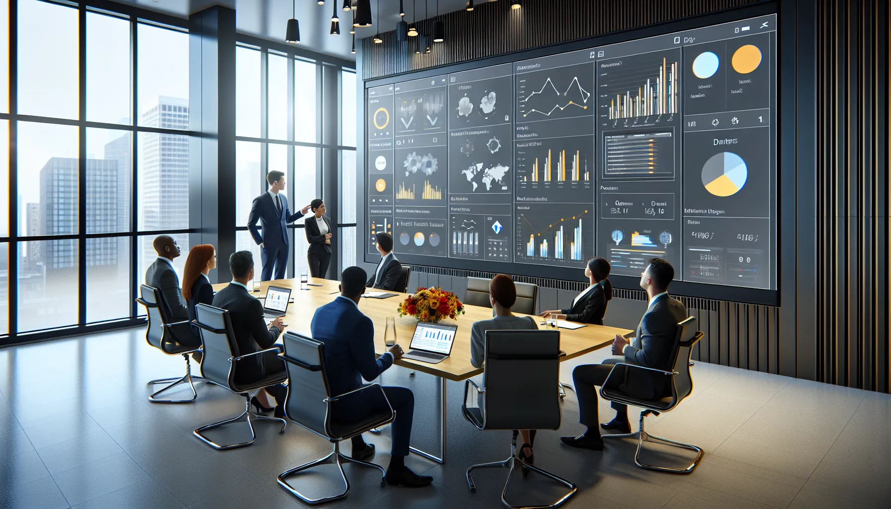 Executives compare interactive Power BI dashboard with static printed PDF reports in a boardroom.