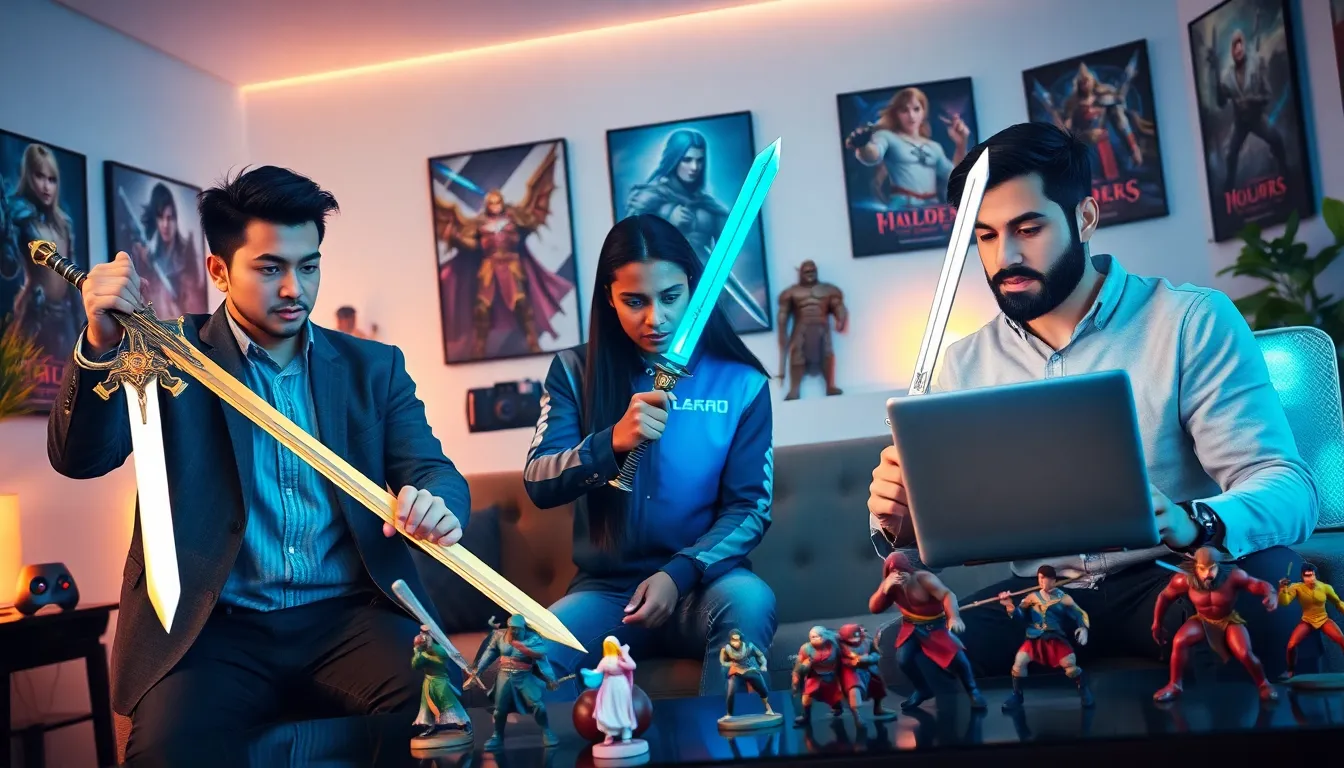 diverse gamers engaged in an RPG session with various fantasy weapons.
