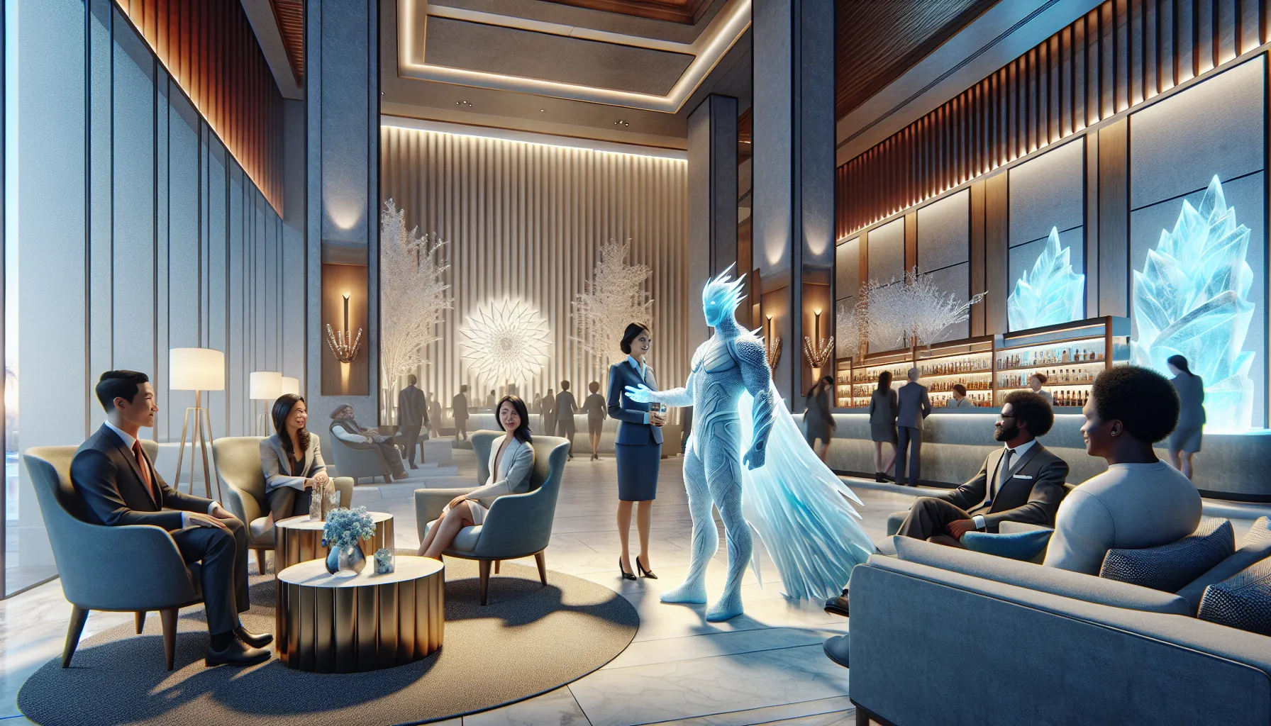 luxurious hotel lobby with welcoming staff and relaxing atmosphere.