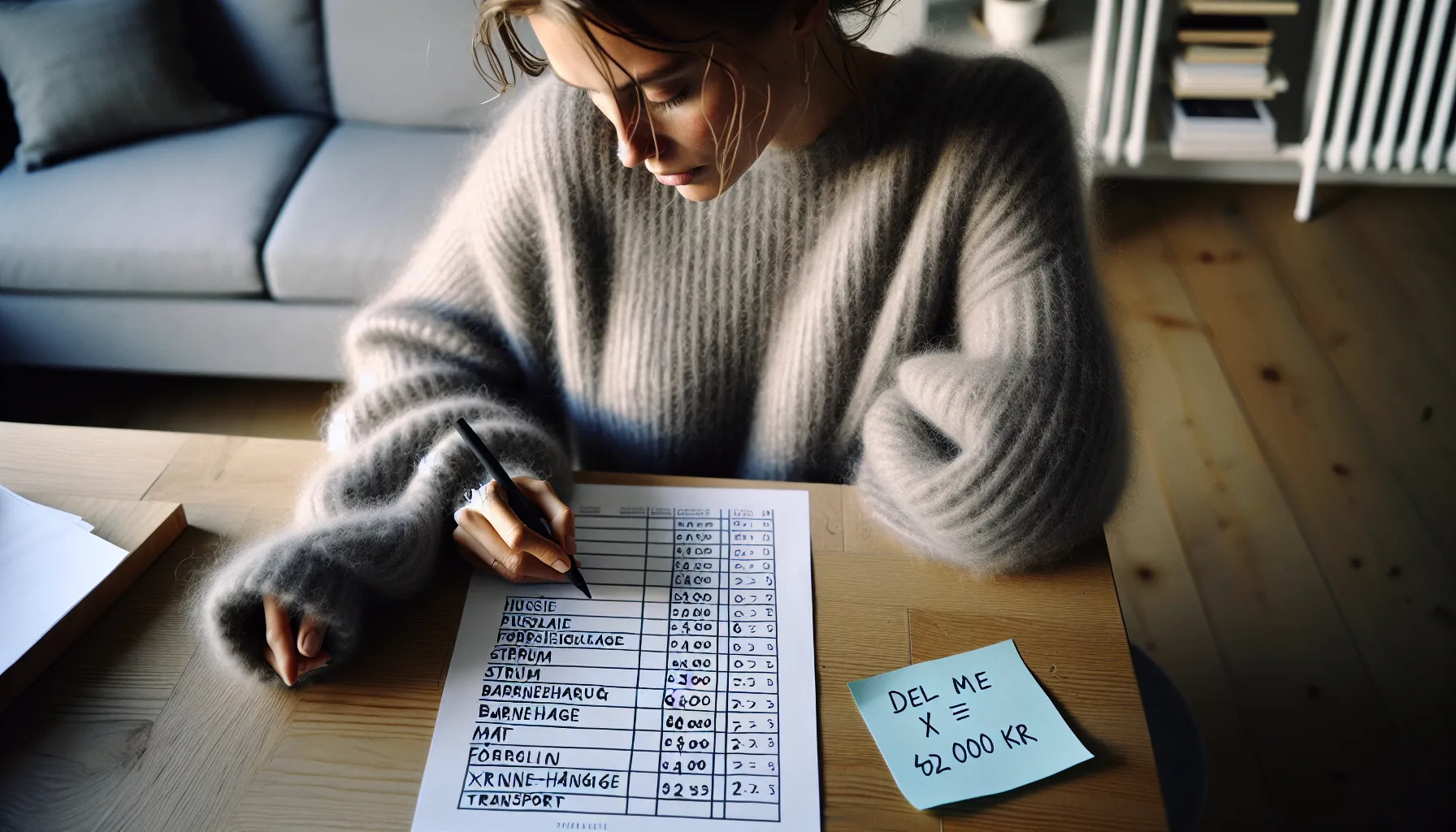 Hvordan bygge en nødfond for uforutsette utgifter 3 Norwegian woman budgeting fixed expenses for a three- to six-month emergency fund.